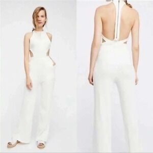 New Free People Beach Gotta Go Jumpsuit L Ribbed Racerback Cutout  Wide Leg Whit